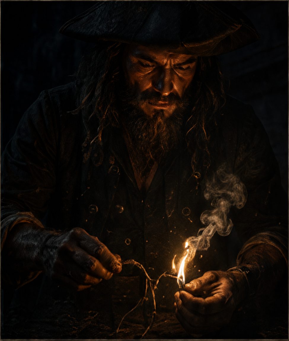 A pirate captain lighting a slow match