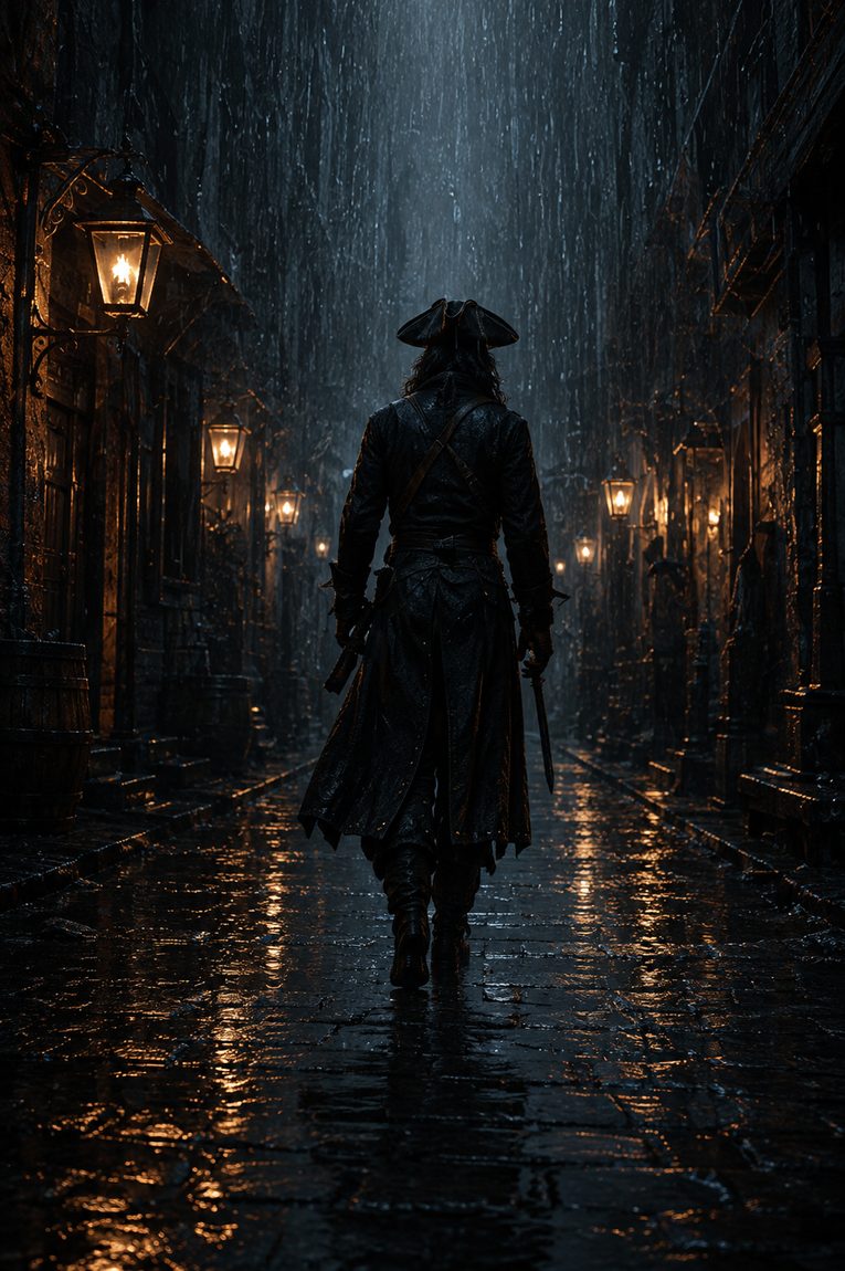 A rain-soaked lantern-lit alley in Nassau