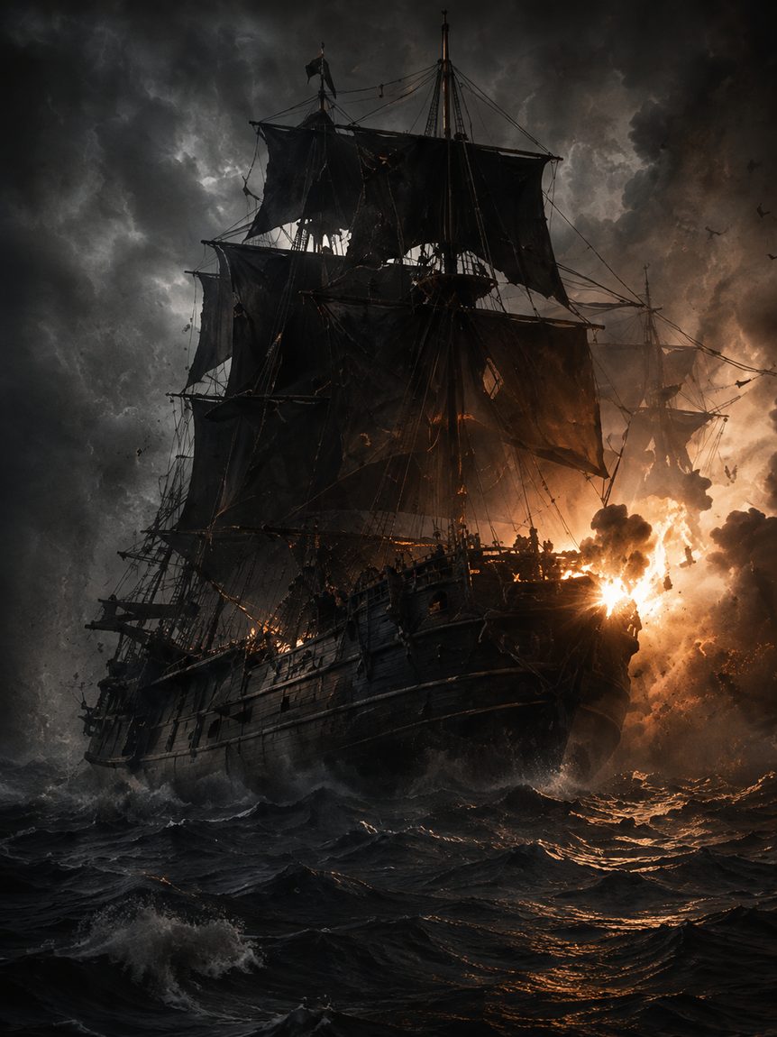 A ship burning at anchor